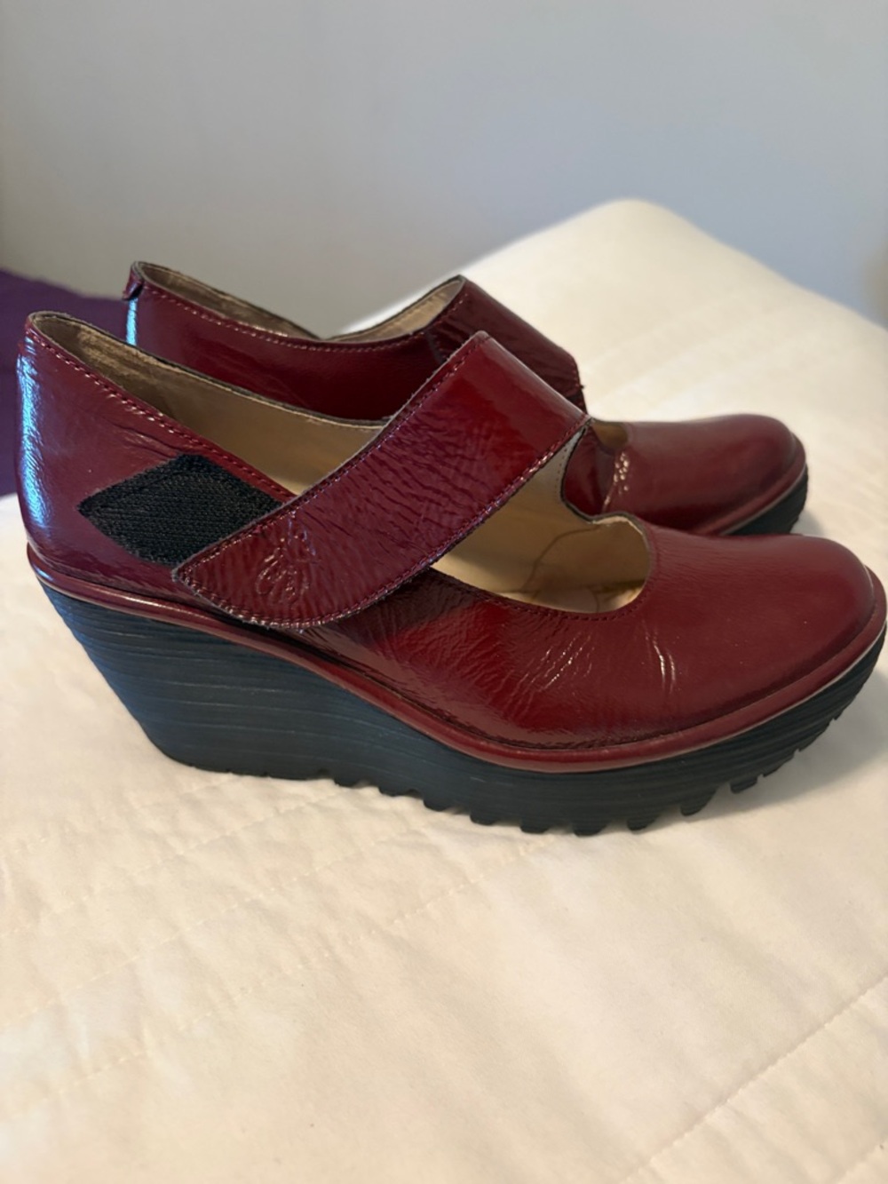Fly London Patent Burgundy Mary Jane Wedges